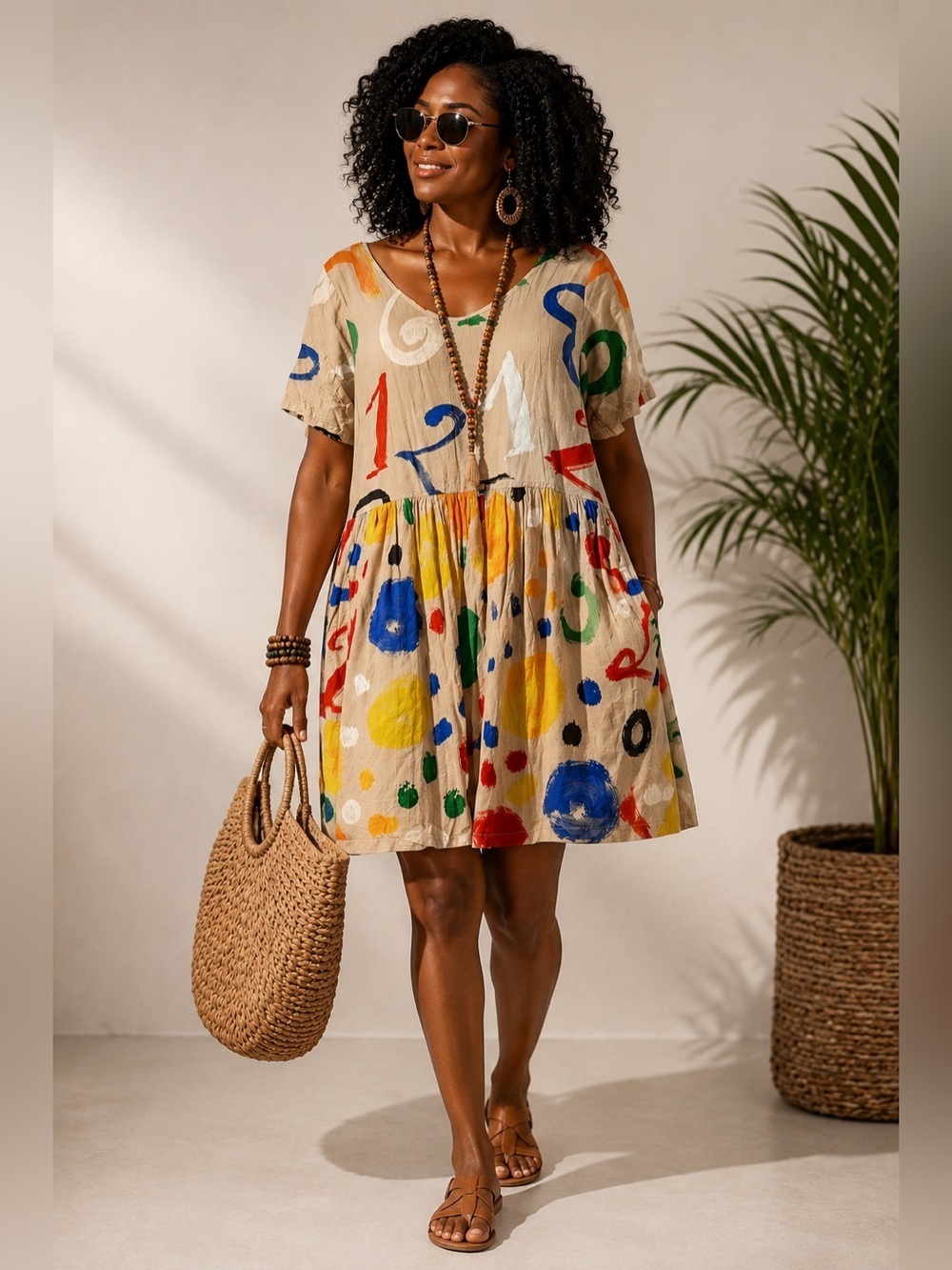 Jams World Abstract Paint Print Babydoll Dress Beige Multicolor Artsy Pockets M